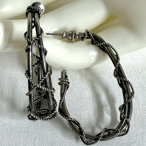 Vintage Grey Silver Tone Twisted Wire Hoop Earrings – Industrial Style - Picture 2 of 9